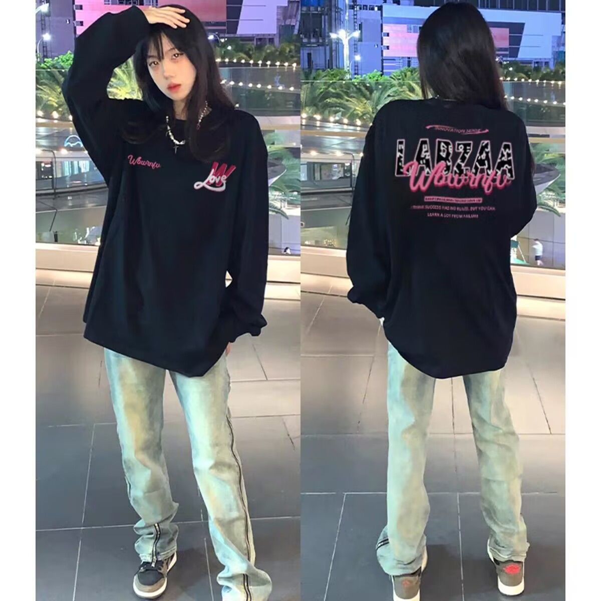 韩版chic美式慵懒风字母印花纯棉长袖T恤女宽松内搭休闲打底上衣