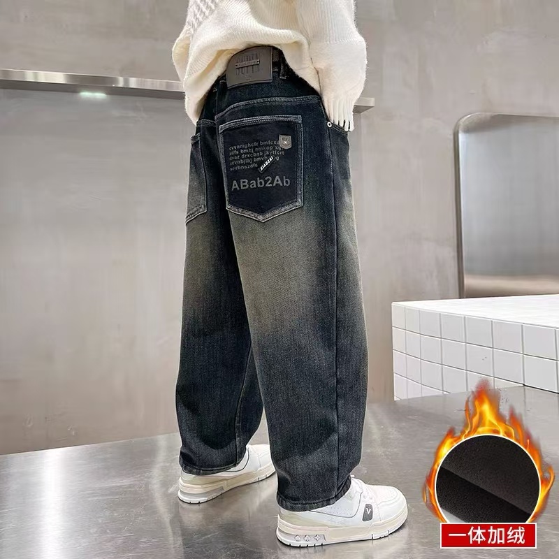 男童加绒加厚裤子2025新款儿童牛仔裤冬款大男孩长裤一体绒潮牌