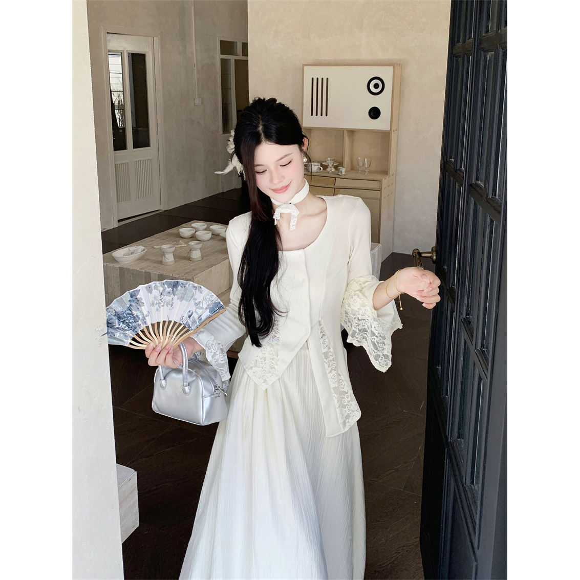 kumikumi清冷感蕾丝拼接收腰显瘦上衣女早秋高腰气质A字裙两件套