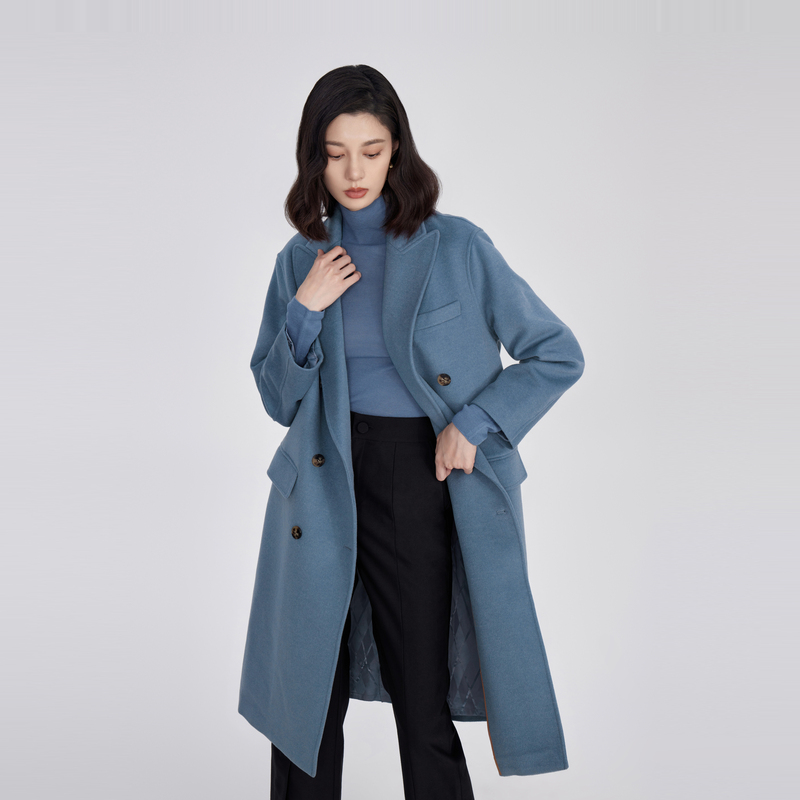 OBEG欧碧倩冬双排扣呢大衣西装领宽松毛呢中长外套10404129