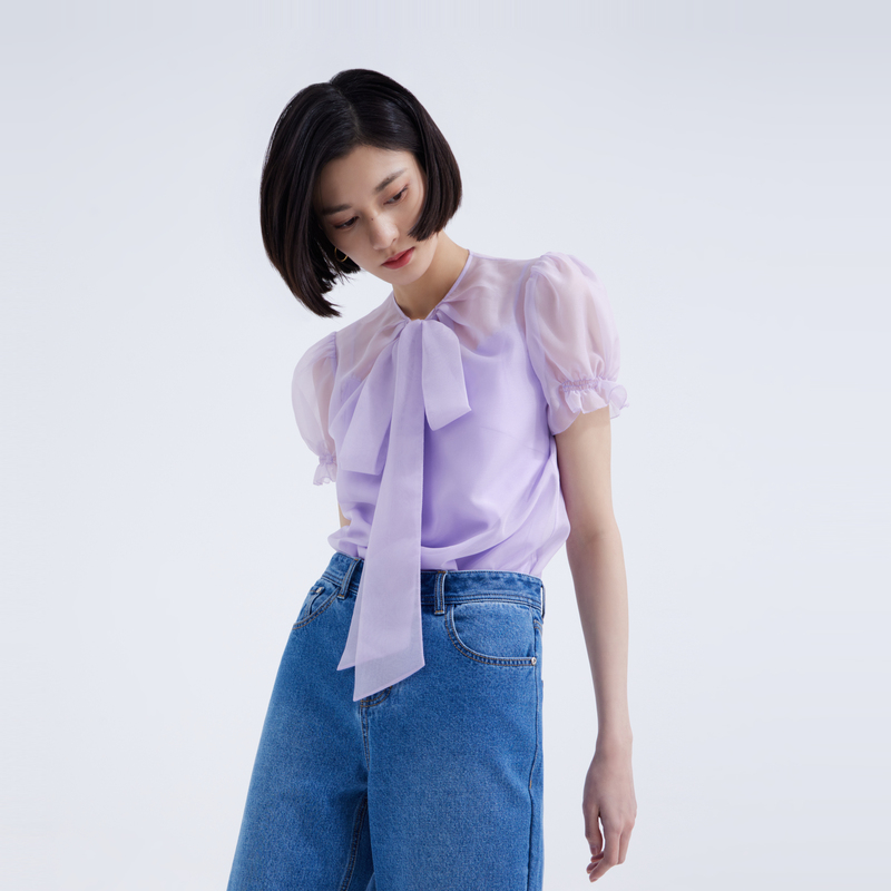 OBEG欧碧倩时尚气质上衣夏季泡泡袖紫色圆领圆领荷叶边10442142