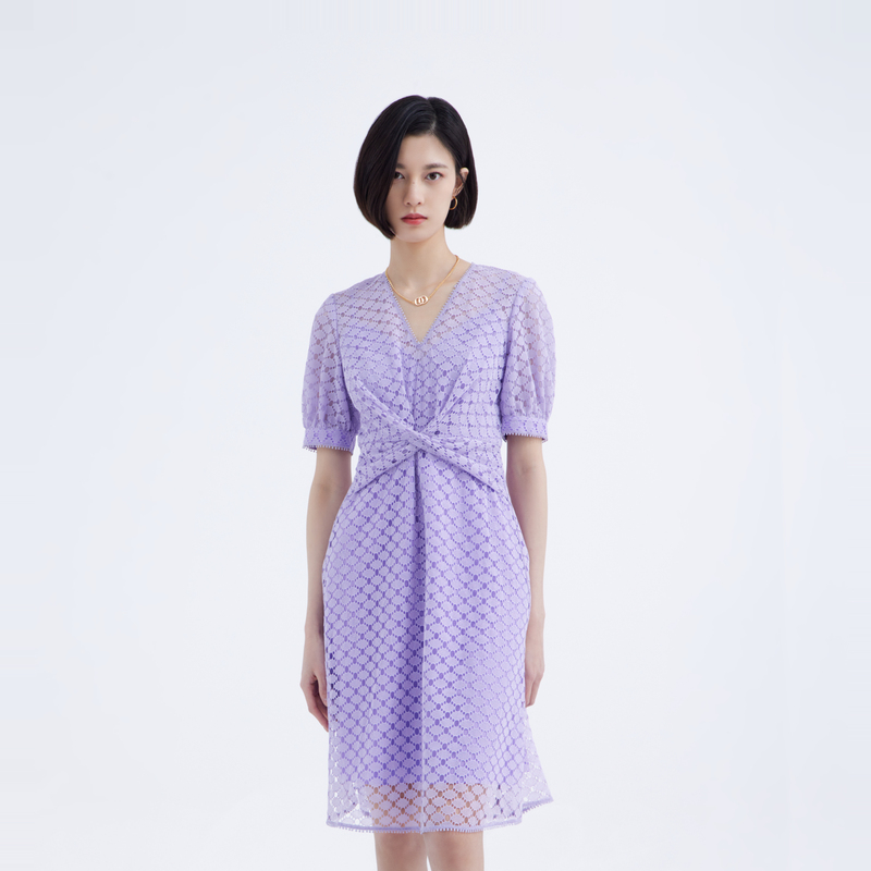 OBEG欧碧倩时尚气质连衣裙蓝色夏季收腰设计师提花女装10442149
