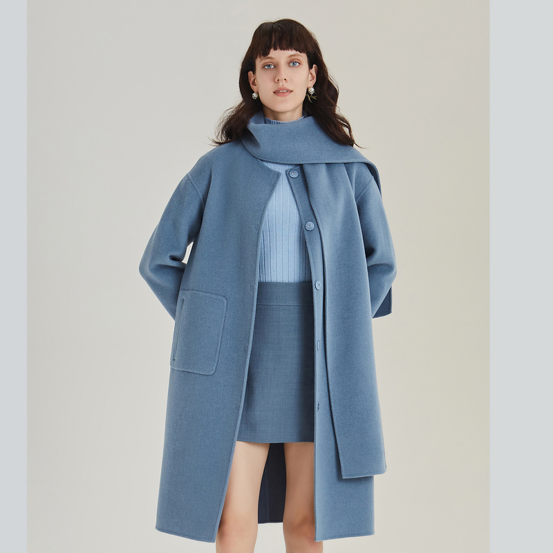 OBEG欧碧倩围巾领双面呢中长款宽松大衣10404132