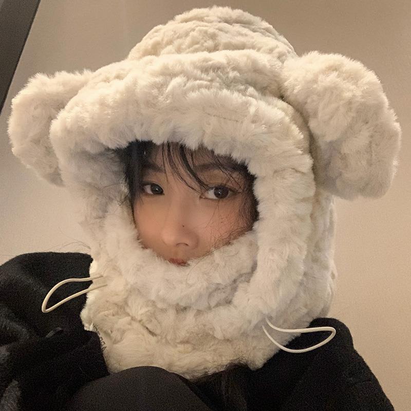 可爱毛绒小熊护耳帽子女冬季加厚加绒口罩围巾一体骑车保暖雷锋帽