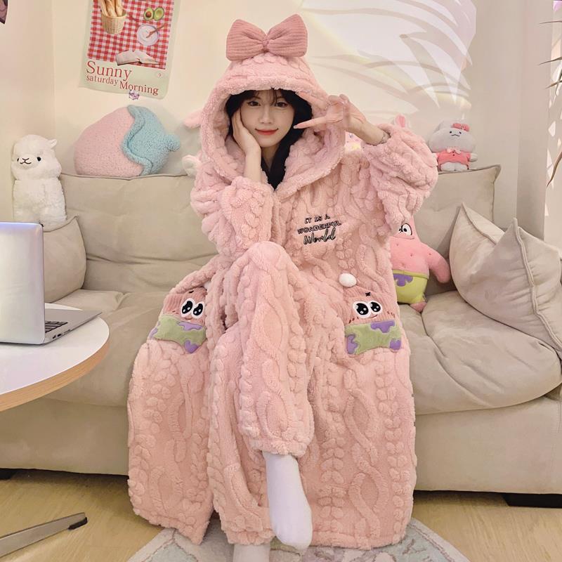珊瑚绒睡衣女款秋冬季加厚加绒法兰绒睡袍冬天卡通长版家居服套装