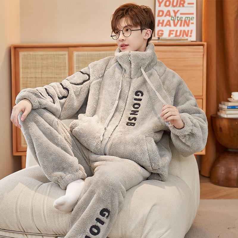 睡衣男士冬季珊瑚绒加厚加绒保暖大尺码男款法兰绒秋冬天家居服套