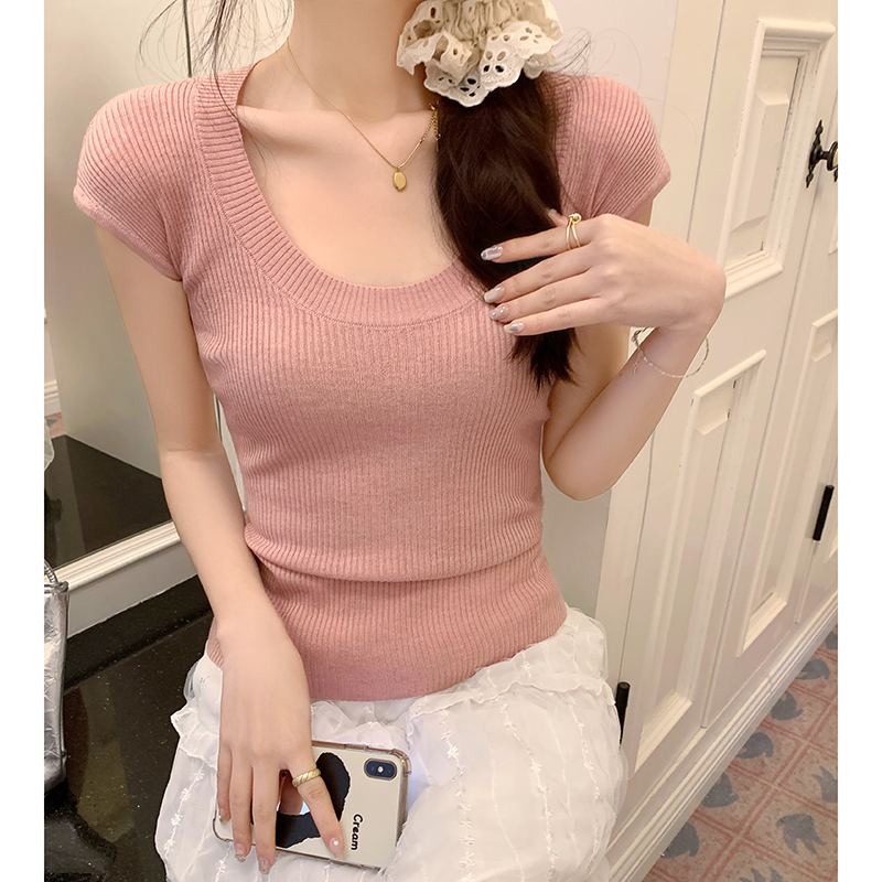 韩版低领短袖针织打底衫女夏季薄纯欲紧身简约T恤上衣律动莫兰迪