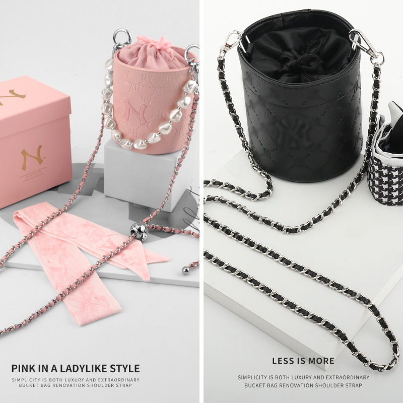 适用mlb新款水桶包千金粉色肩带改造斜挎链条黑色包带珍珠链配件