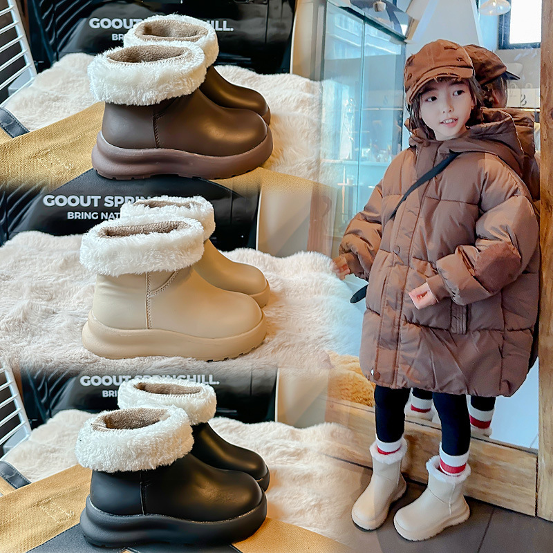 儿童时尚翻边皮靴冬季新款女童防滑马丁靴加绒保暖棉短靴时尚百搭