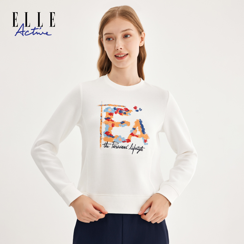 ELLE Active刺绣图案圆领卫衣休闲时尚女士印花百搭上衣秋季女装