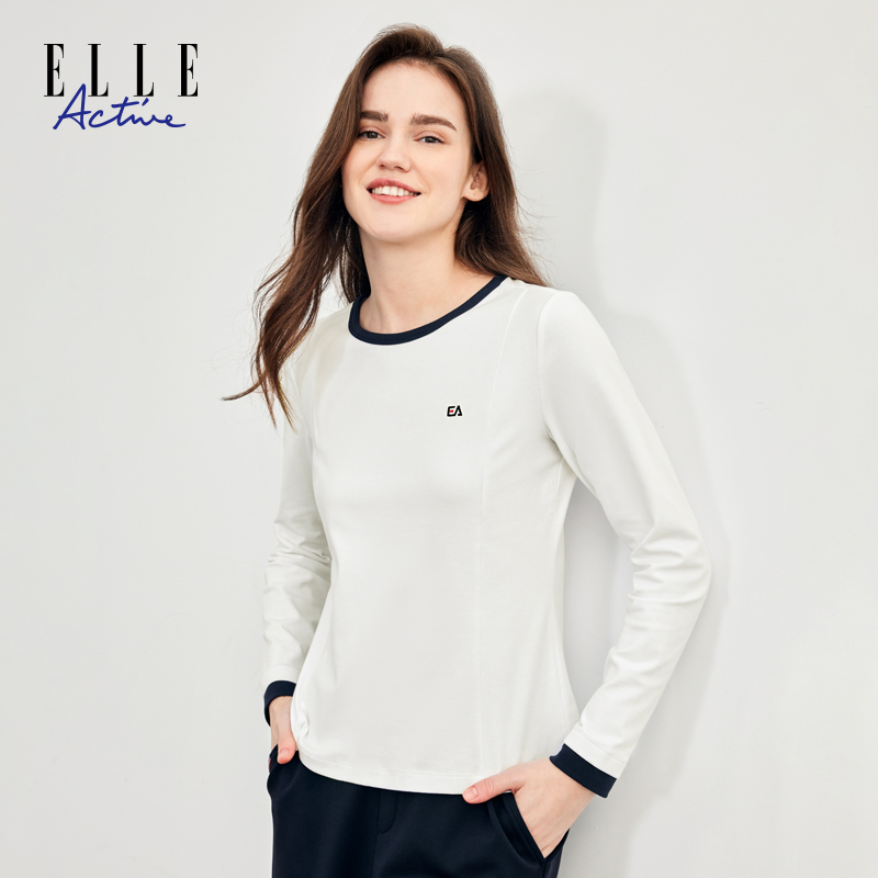 ELLE Active【亲肤舒柔棉】保暖圆领长袖T恤撞色正肩修身内搭打底衫