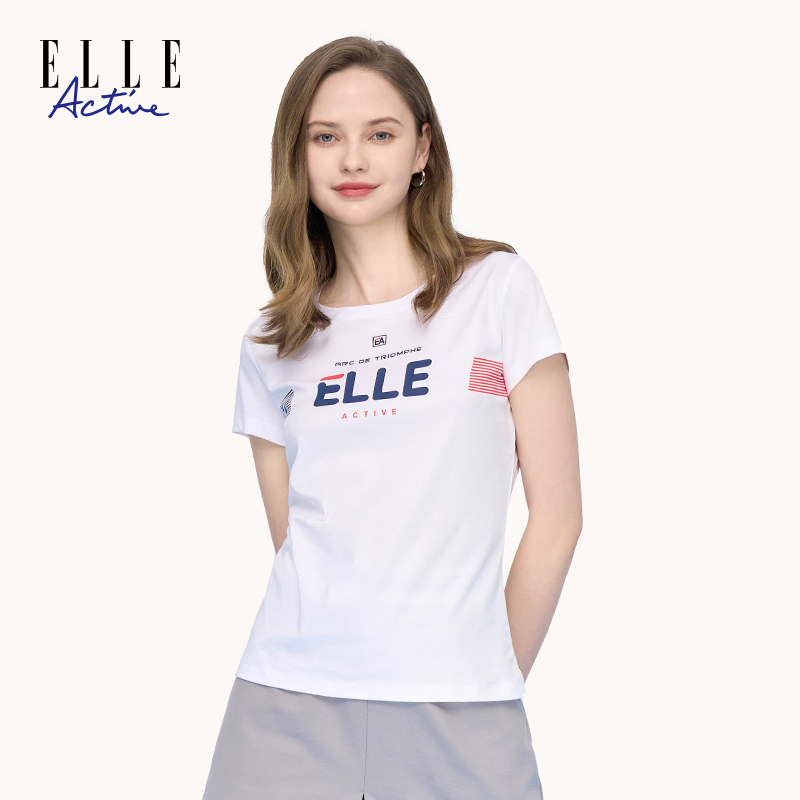 ELLE Active夏季纯棉圆领短袖t恤女运动休闲新款女士白色印花上衣