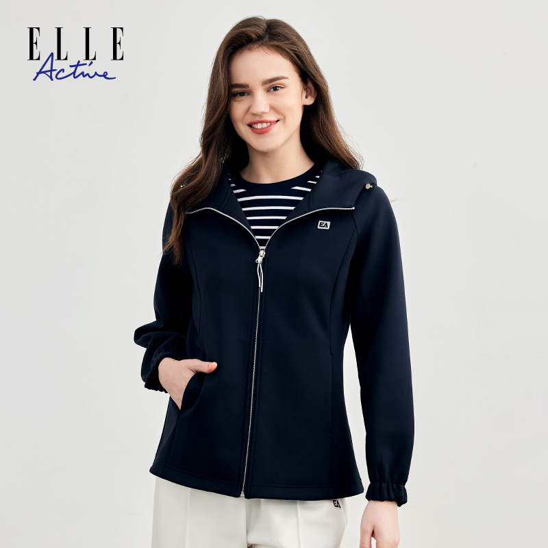 ELLE Active秋季女款外套休闲运动拉链简约户外百搭秋装连帽上衣