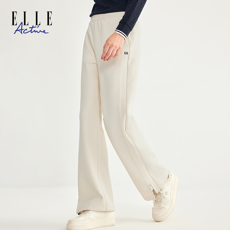 ELLE Active2025秋季新款阔腿裤休闲长裤女士米白色松紧裤子开叉