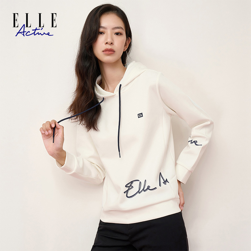 ELLEActive连帽女款卫衣秋季长袖休闲百搭字母白色运动上衣女装