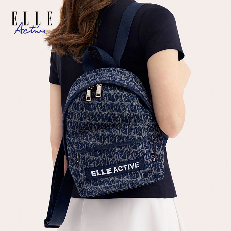 ELLE Active【牛仔蓝提花小双肩包】25新款百搭轻便户外运动背包
