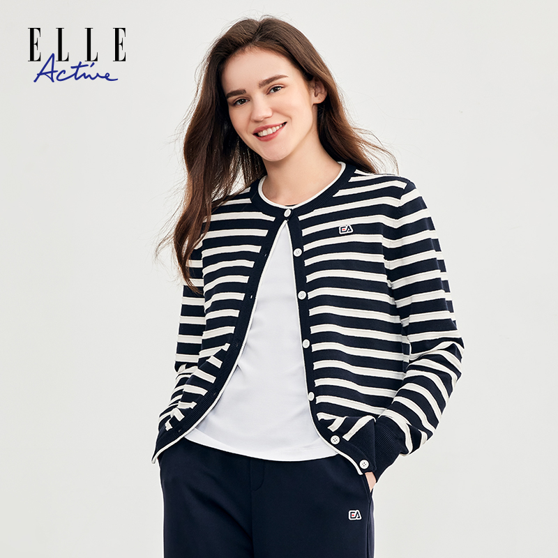ELLE Active航海系新款气质条纹开衫女百搭针织衫春秋圆领短外套
