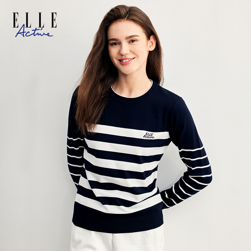 ELLE Active航海系条纹圆领毛衣秋冬新款休闲时尚毛针织衫女上衣