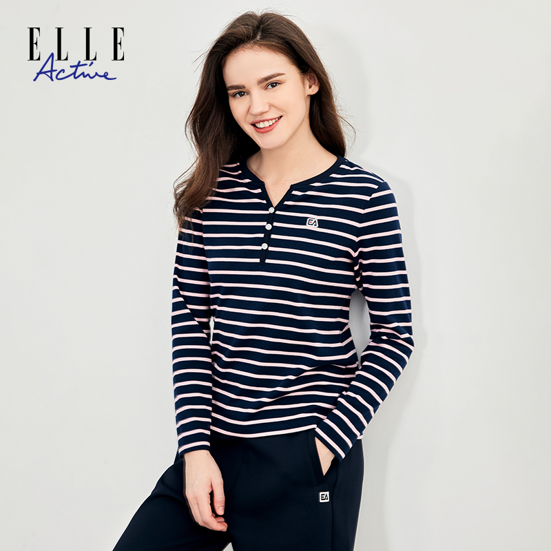 ELLE Active航海系时尚条纹Y领T恤长袖女基础亲肤舒适打底衫上衣