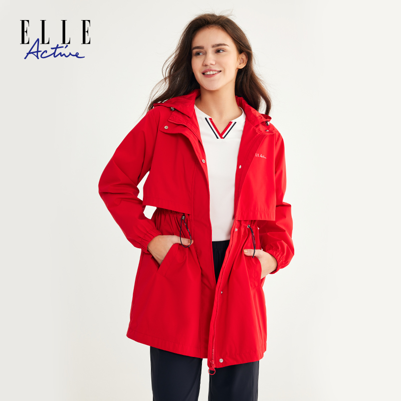 ELLE Active红色风衣2025新款百搭防风休闲中长款秋冬连帽外套女