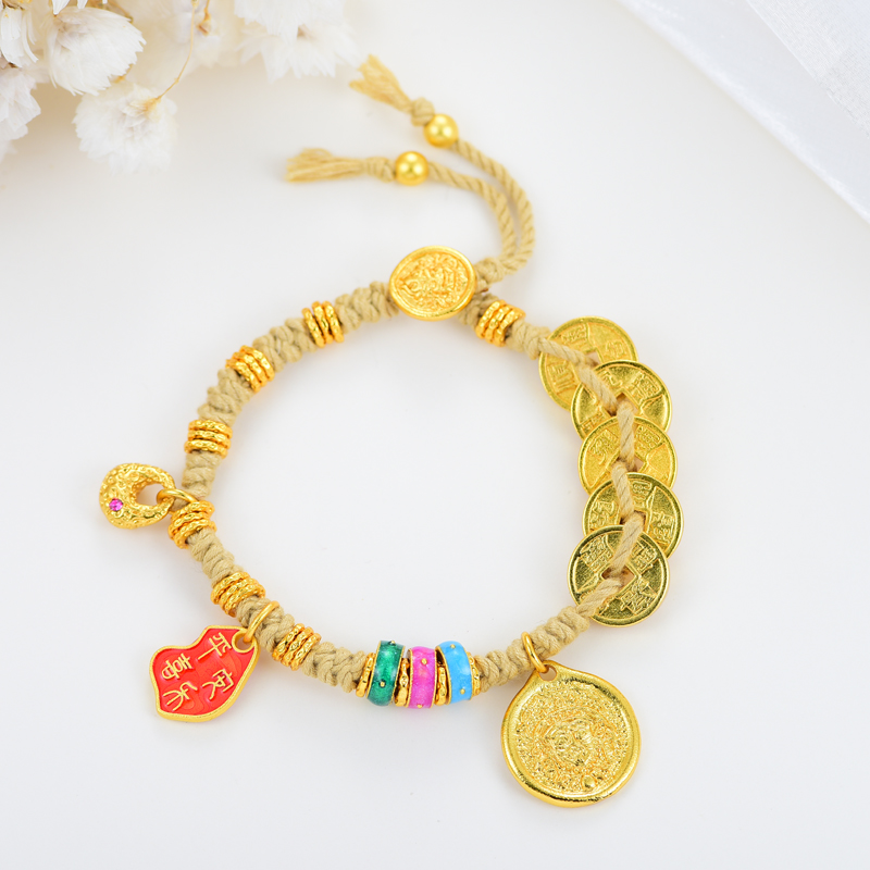 【亿典金甄选】 新中式平安喜乐五帝钱手链可调节A185
