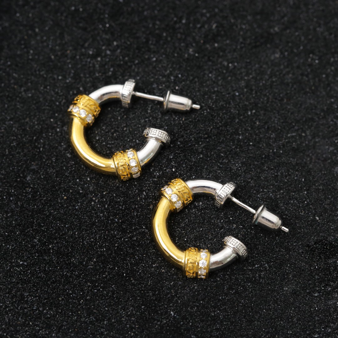 925银耳饰 E17158JS<龙纹钉>金银拼色白锆半圆C形耳环小众银首饰