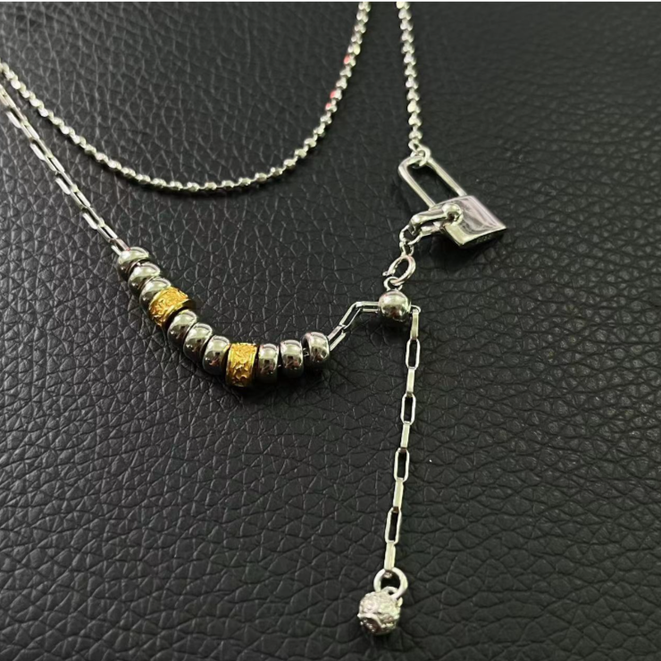 链子925银  N13278 金银拼色唐草豆豆路路通锁头拼接抽拉项链 