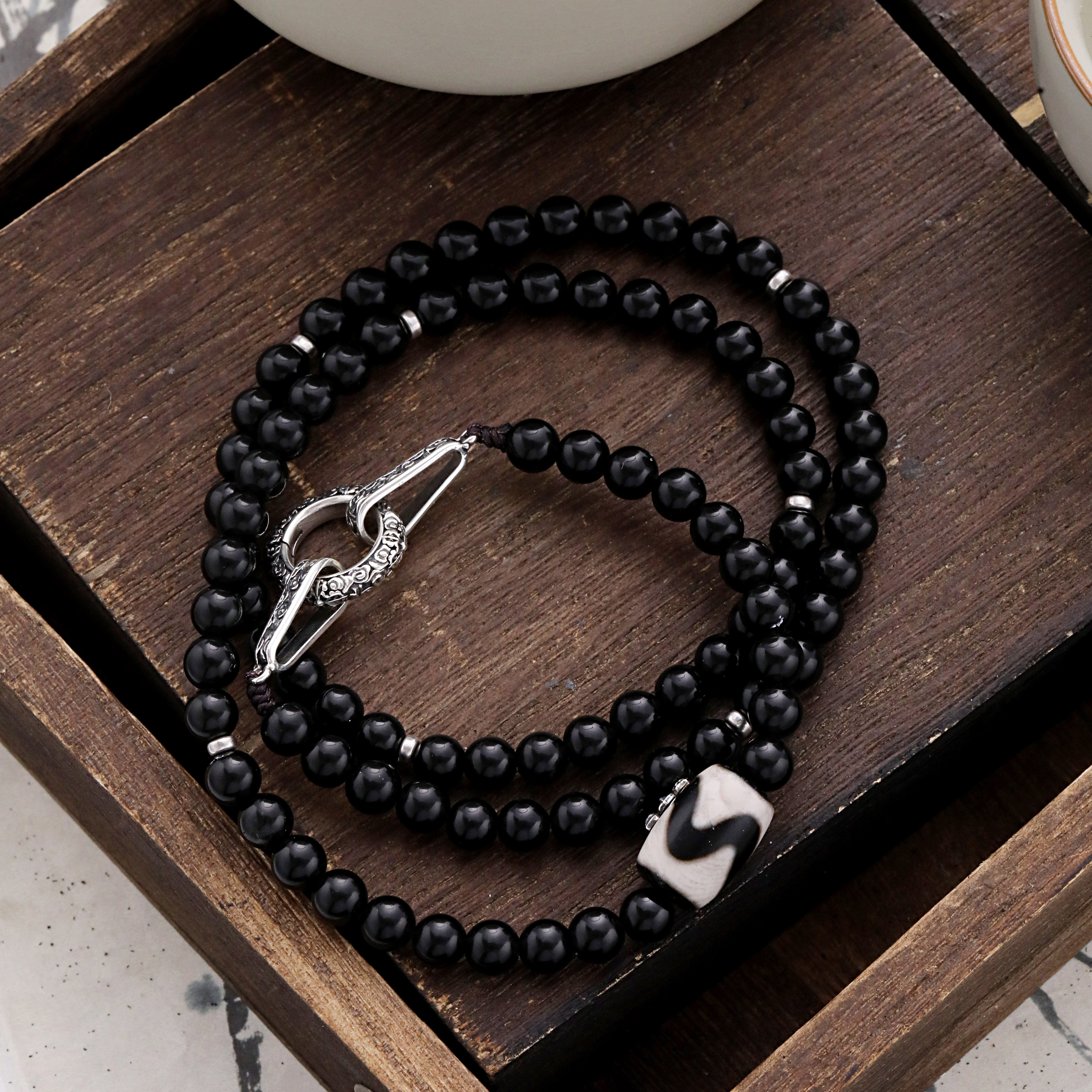 链子925银 N16532 八宝莲花牙牙桶珠祥云十字圆形扣黑色串珠项链