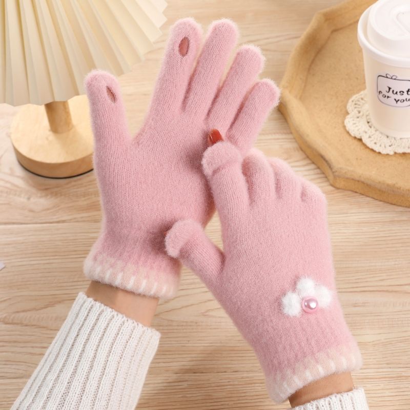 触屏保暖手套女冬季加绒加厚可爱学生写字露指分指防寒针织护手套