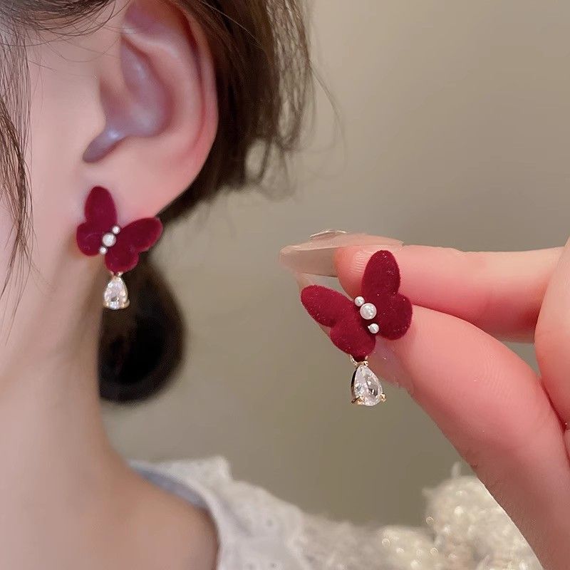 925银针爆款花朵植绒红色耳环女 气质轻奢秋冬新款耳钉喜庆潮3439