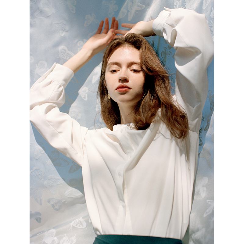 范思蓝恩柔蓝春水 超好看长袖衬衫女春装设计感立领衬衣24FS11138
