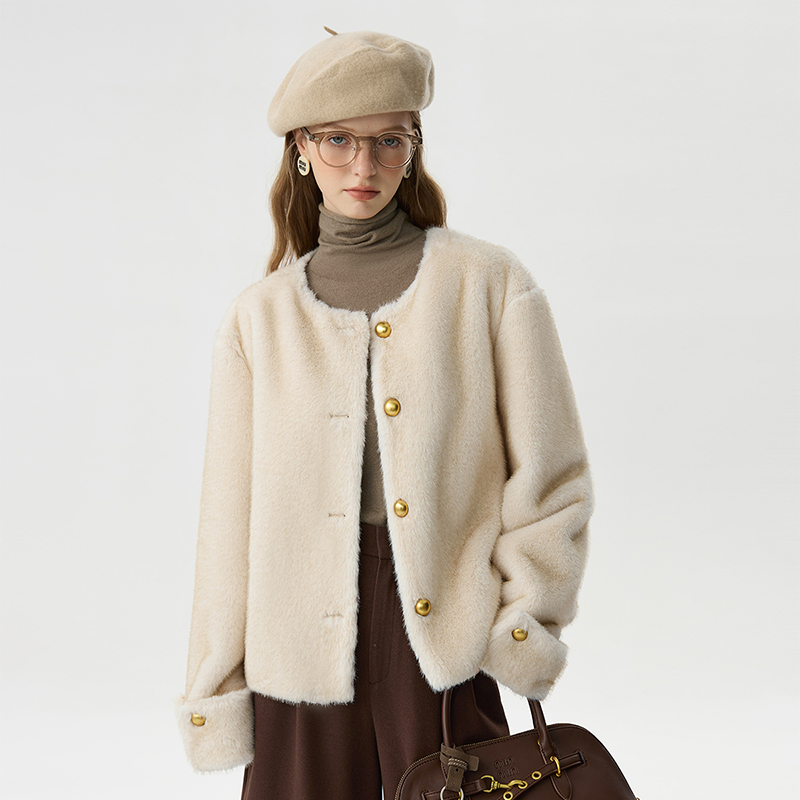 范思蓝恩气质百搭韩版仿皮草毛毛保暖时尚外套女短款24FS14507