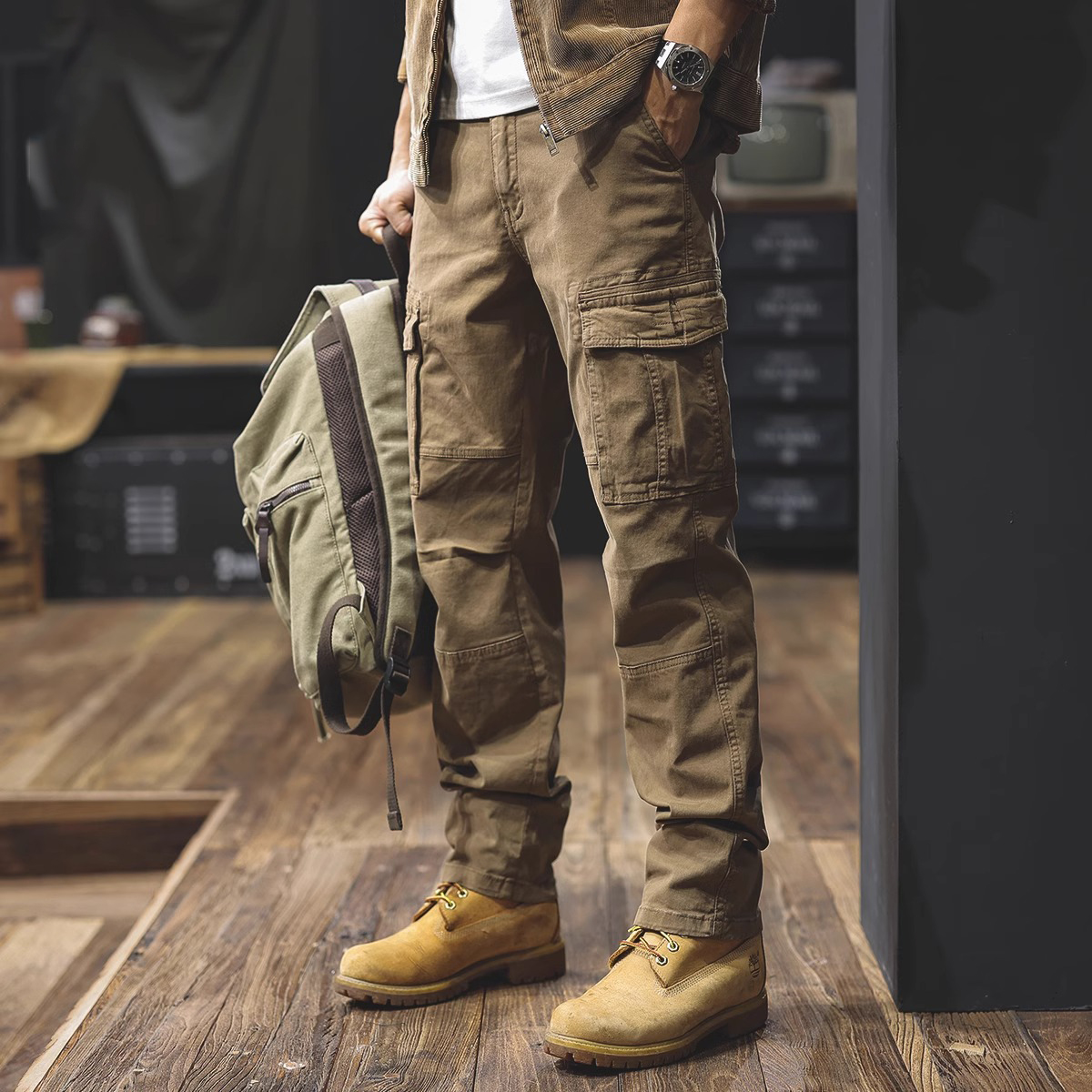 重磅复古美式直筒工装裤男士秋冬硬汉外穿裤子长裤伞兵休闲裤男款
