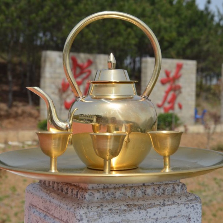 柯记黄铜抛光款酒壶酒杯铜酒托整套家用摆件中国风葫芦水壶铜酒壶