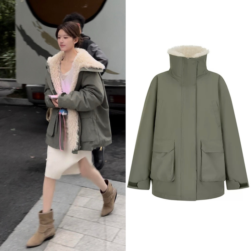 48小时赵露思同款军绿色毛毛冲锋衣外套女派克服毛毛女