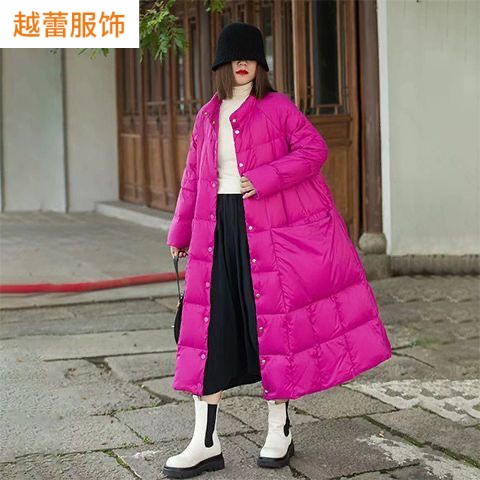 90白鸭绒大摆过膝立领宽松大口袋时尚休闲白鸭绒羽绒服女长款外套