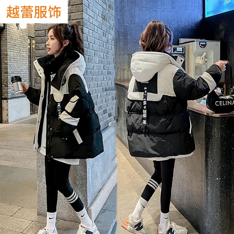 黑色中长款派克羽绒棉服女2023冬季新款小个子宽松显瘦连帽棉衣潮