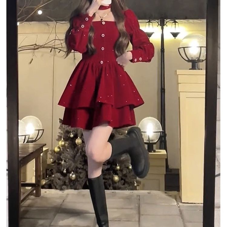 礼服小个子秋冬丝绒复古新款法式蓬蓬裙感收礼裙红色连衣裙裙子
