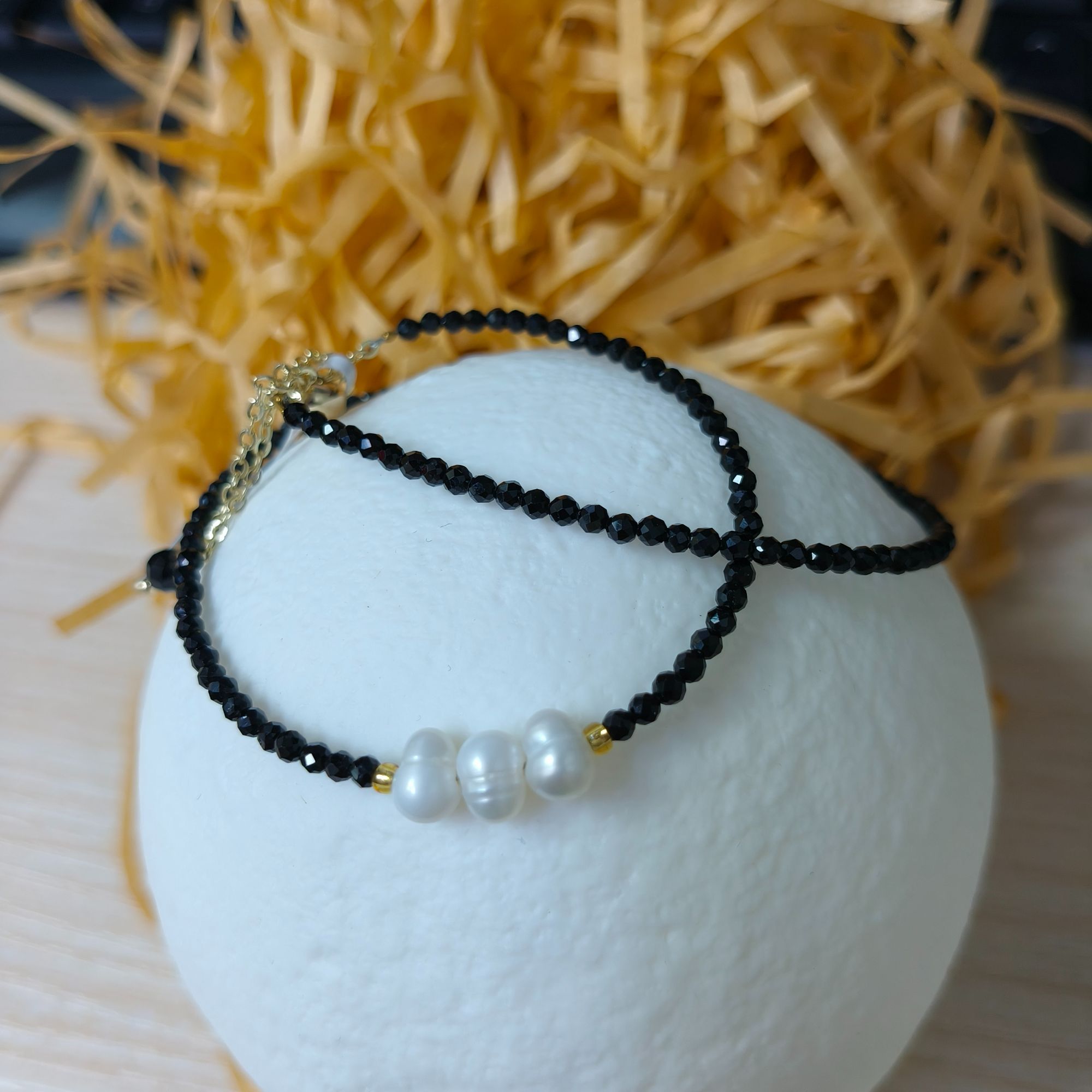 黑碧玺配珍珠三圈时尚小米珠珠珠百搭可调节多层可叠戴抽拉长链