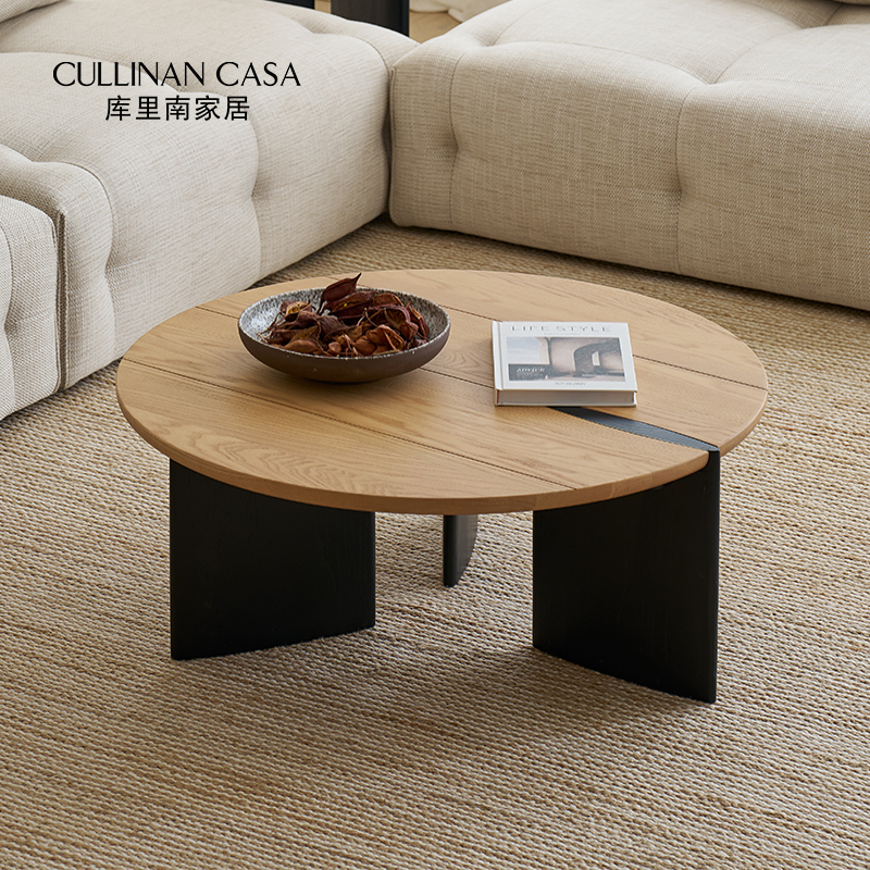 库里南家居三川茶几法式复古白蜡木北欧圆形实木小边几双圆茶几