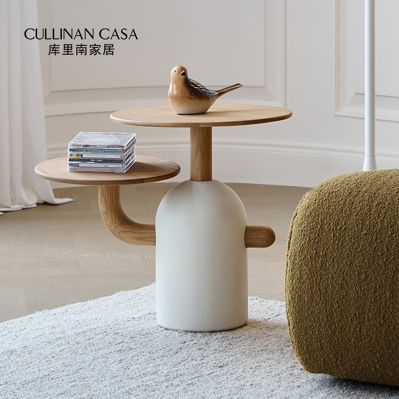 库里南家居麦兜边几 原创设计法式奶油风白蜡木原木大小圆茶几