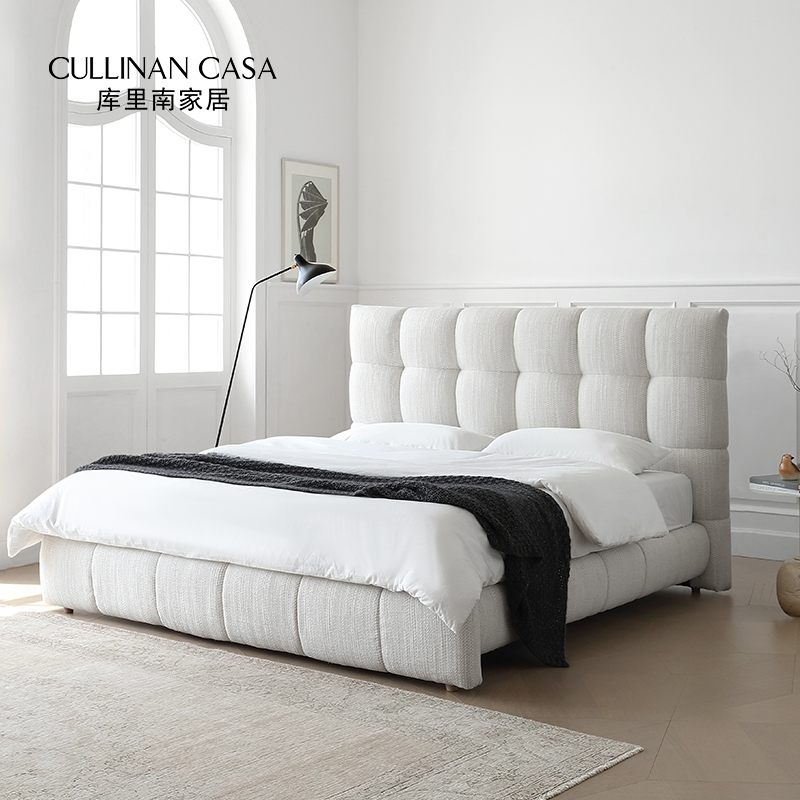 库里南家居鹿岛床现代齐边床家用简约高靠背法式复古风布艺床