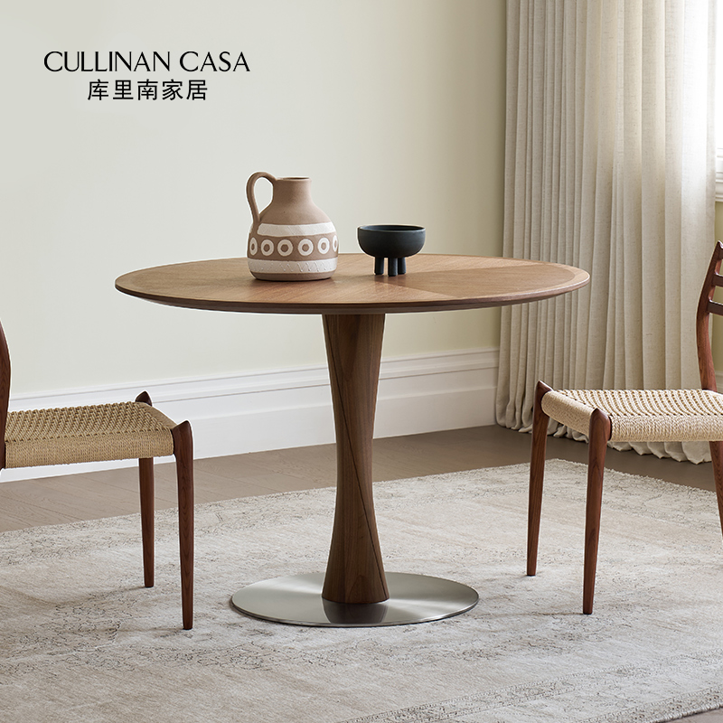 库里南家居小蛮腰餐桌中古风胡桃木实木圆餐桌北欧小户型家用餐桌