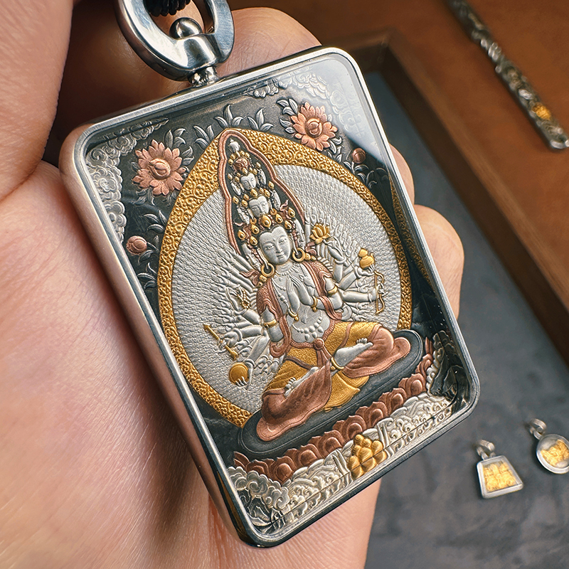 巴赫 铁合金吊坠 【陨铁】千手观音唐卡手工铁翦金工艺吊坠男女项链