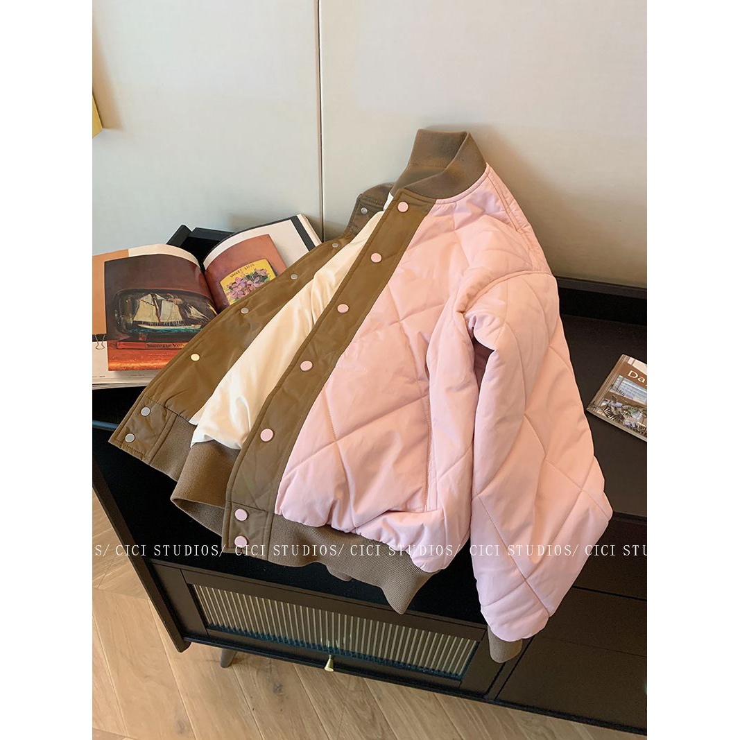 韩版粉色圆领菱格服衣女秋冬季2023新款小个子宽松加厚外套