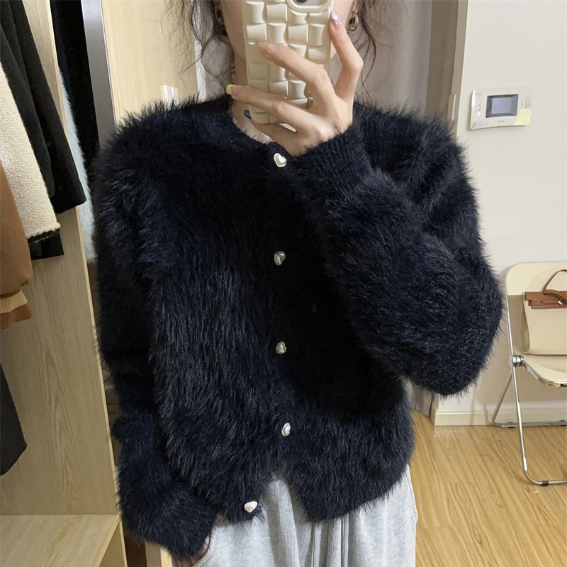 小香风黑色不掉毛仿水貂绒针织开衫女短款毛毛上宽松慵懒毛衣外套