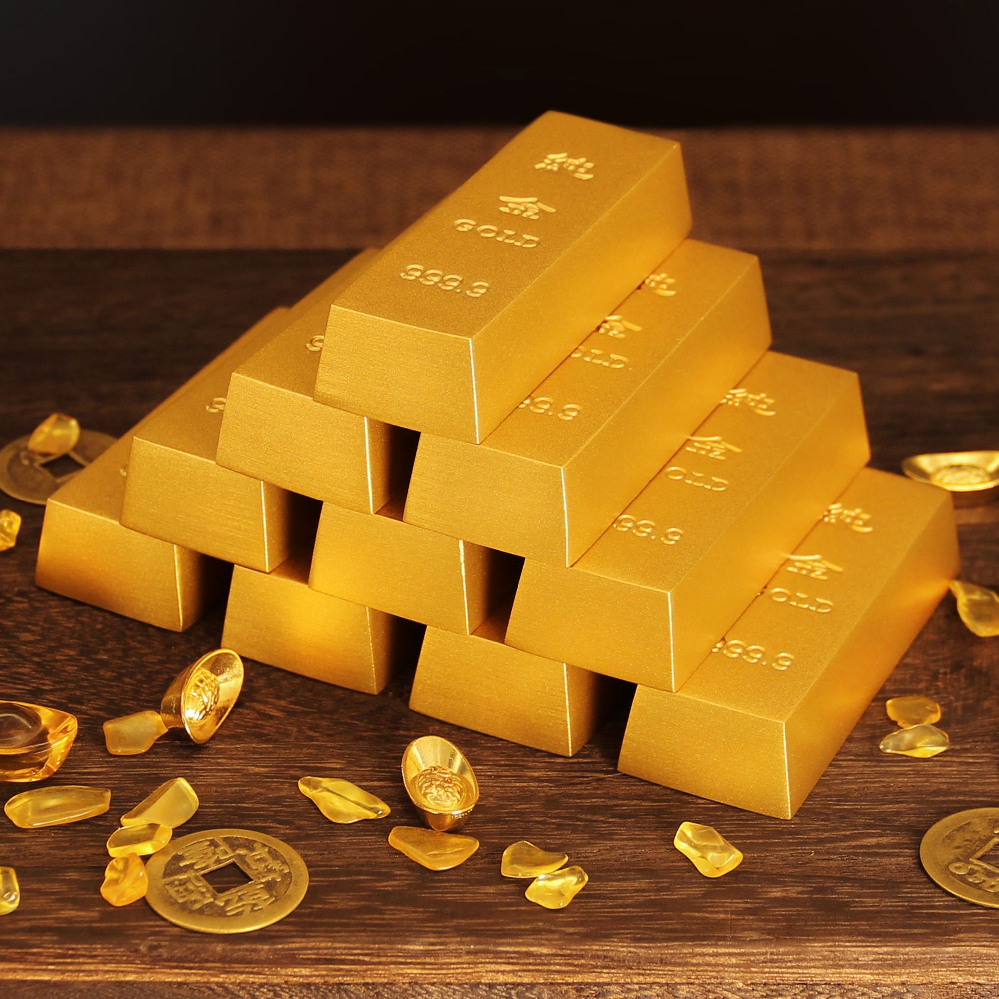 壹心铜 黄铜《实心金条》仿真金条砂金鎏金金条摆件道具创意饰品