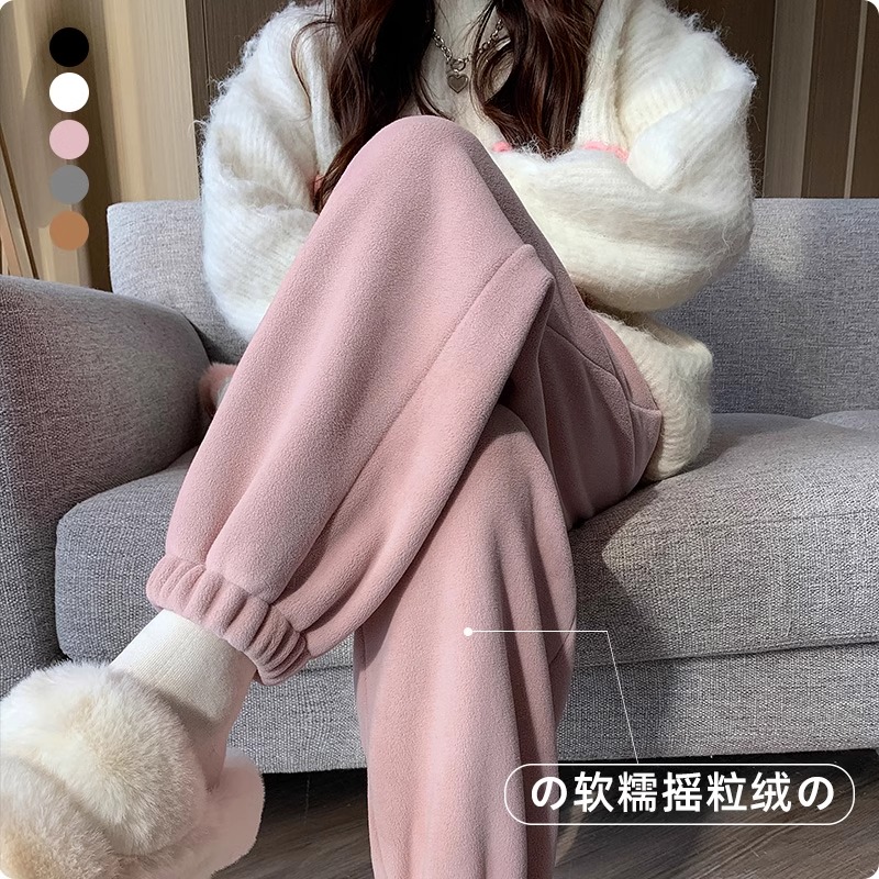 300斤大码粉色摇粒绒运动裤女冬季加厚高腰显瘦外穿束脚保暖棉裤
