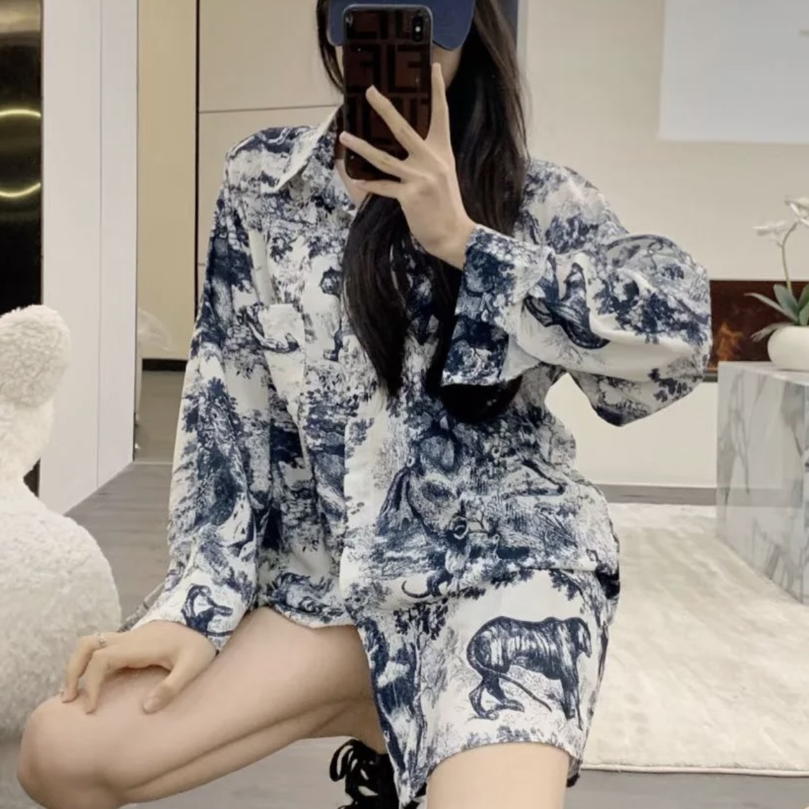 全新未使用 DIOR/迪奥 1j100 全新SS23动物图案满印长袖衬衫 36码