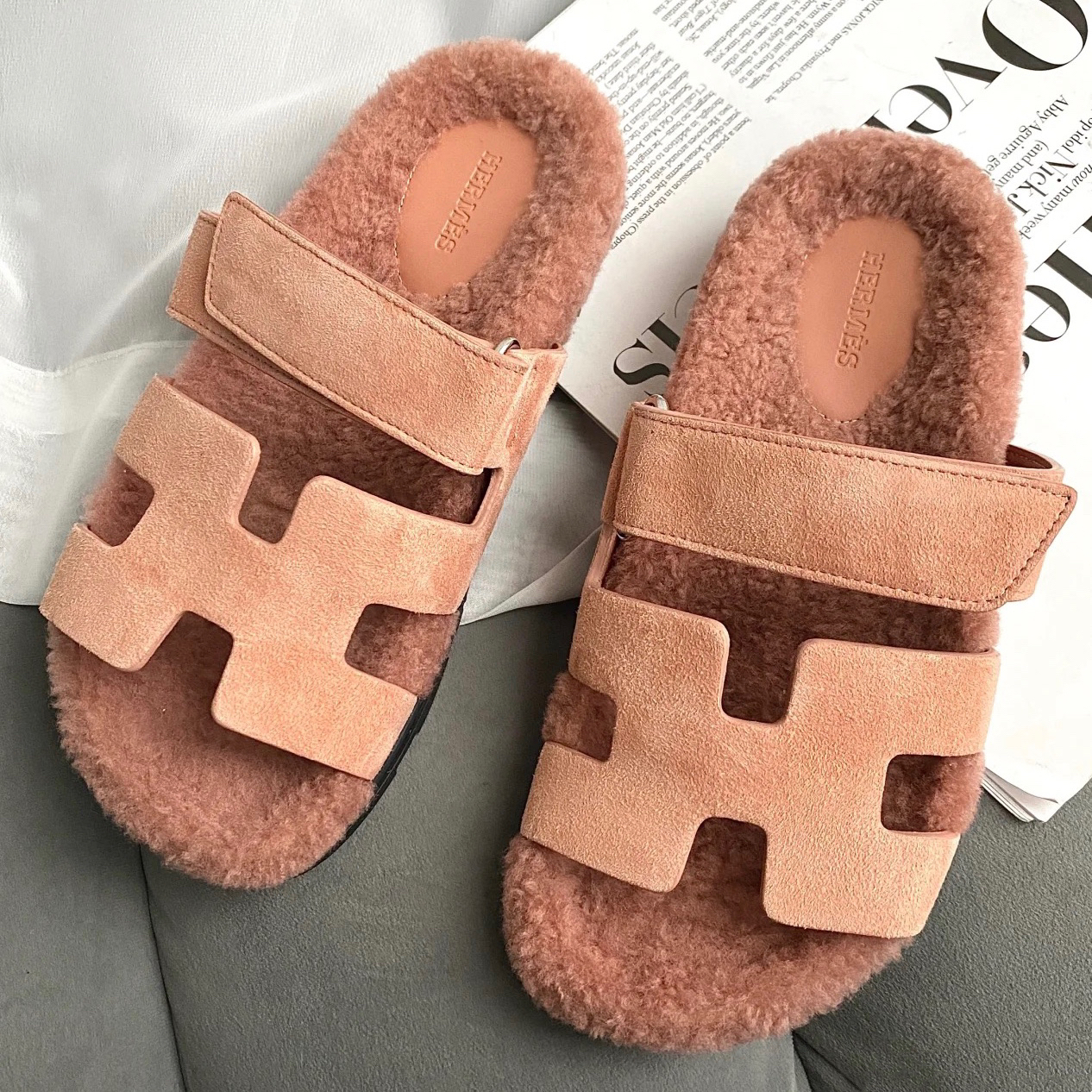 99新 Hermes/爱马仕 3j057 99新 22FW泰迪羊毛皮拖鞋 36码